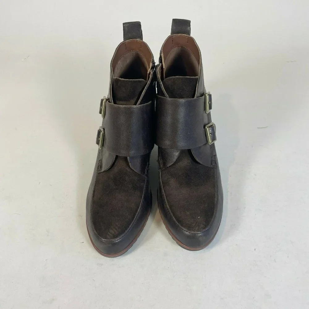 Korks‎ Womens Hanska Wedge Ankle Boots Dark Brown Size 8M Leather Monk Strap